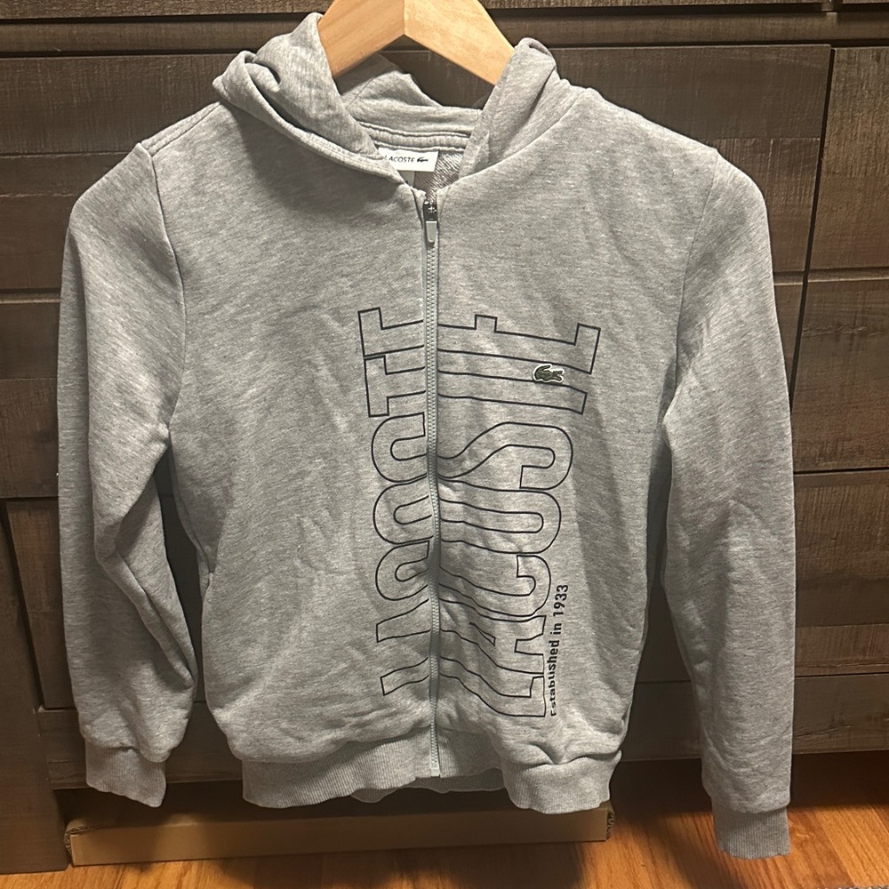 Boys Lacoste Light Gray Full-Zip Hoodie with Vertical Logo